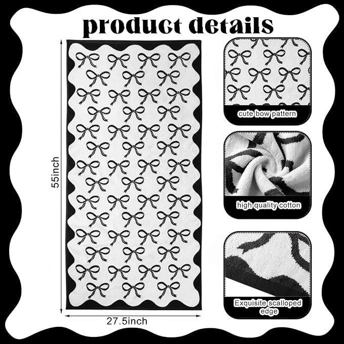 2 Pcs Black Bow Bathroom Towels 100% Cotton Coquette Bow Bath Towels 28 x 55 Inch Absorbent Soft Preppy Bathroom Decor for Spa Gym Kitchen Women Gifts