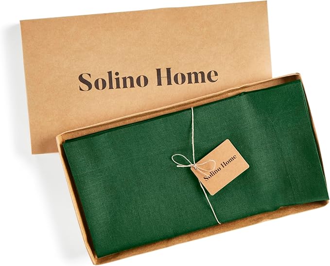 Solino Home Linen Square Tablecloth 52 x 52 Inch - 100% Pure Linen Pine Green Table Throw - Fete, Machine Washable Table Cloth for New Year