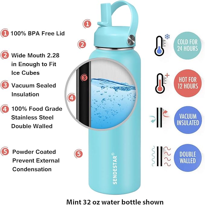 SENDESTAR Stainless Steel Water Bottle, Wide Mouth 32 oz Water Bottle with Straw Lid, Spout Lid, Double Wall Vacuum Insulated Leak Proof, Keeps Liquids Hot or Cold (Sky Blue)