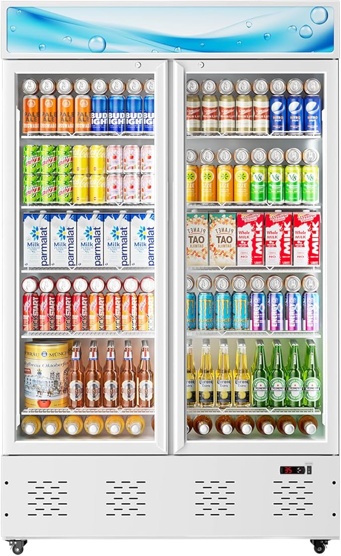 40 Cu.ft Commercial Beverage Refrigerators Glass Door Refrigerator Commercial Cooler with LED Light and 10 Shelves, Display Refrigerator for Restaurant Store Cafe Bar, White