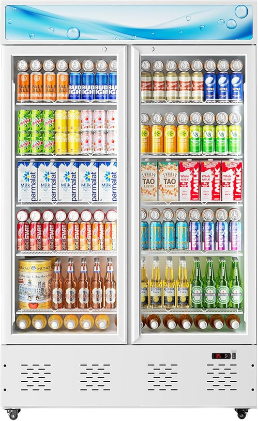 40 Cu.ft Commercial Beverage Refrigerators Glass Door Refrigerator Commercial Cooler with LED Light and 10 Shelves, Display Refrigerator for Restaurant Store Cafe Bar, White