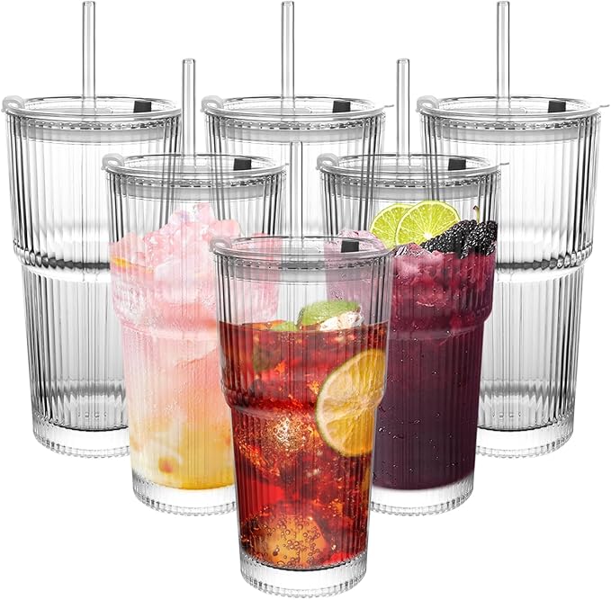 Ribbed Drinking Glasses,with Lids and Straws Glass Cup,19oz Glass cup,6 Pack Old Fashioned Glasses,Thickened for iced coffees,cocktails and juices, perfect for families and parties (6)