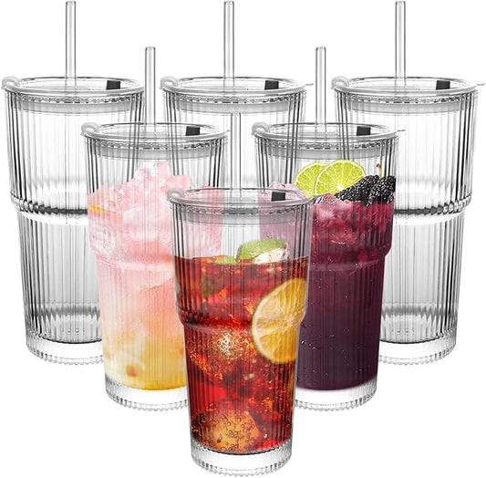 Ribbed Drinking Glasses,with Lids and Straws Glass Cup,19oz Glass cup,6 Pack Old Fashioned Glasses,Thickened for iced coffees,cocktails and juices, perfect for families and parties (6)