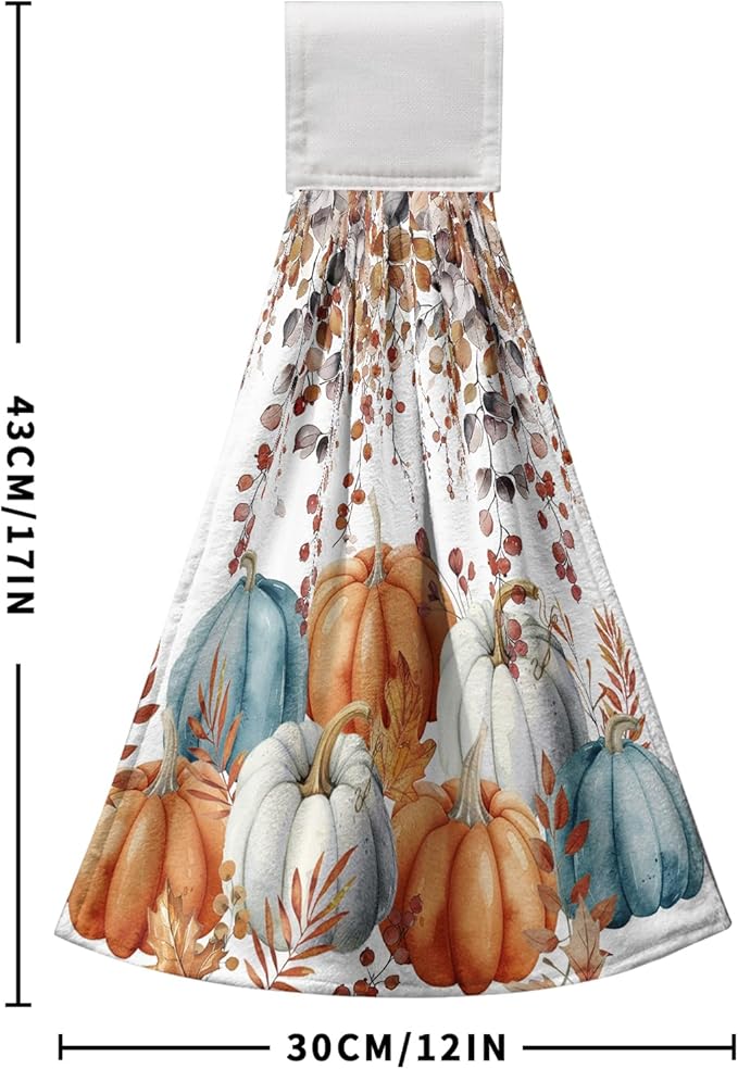 Fall Pumpkins Kitchen Hand Towels with Loop 2 Pcs Autumn Leaves Pumpkin Hanging Dish Towels Soft Absorbent Tie Towel Dishcloths for Bathroom Kitchen Washroom 17 x 12 in