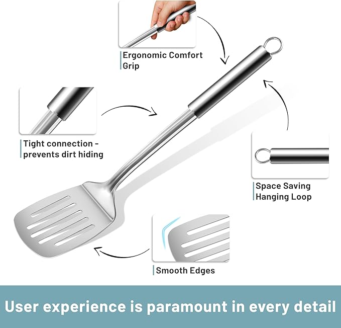 Pleafind Stainless Steel Cooking Utensils Set, 6 Pcs Heat Resistant Kitchen Utensils Set, Nonstick Kitchen Tools for Cooking, Baking, Metal Spatula Set for Chef, Dishwasher Safe