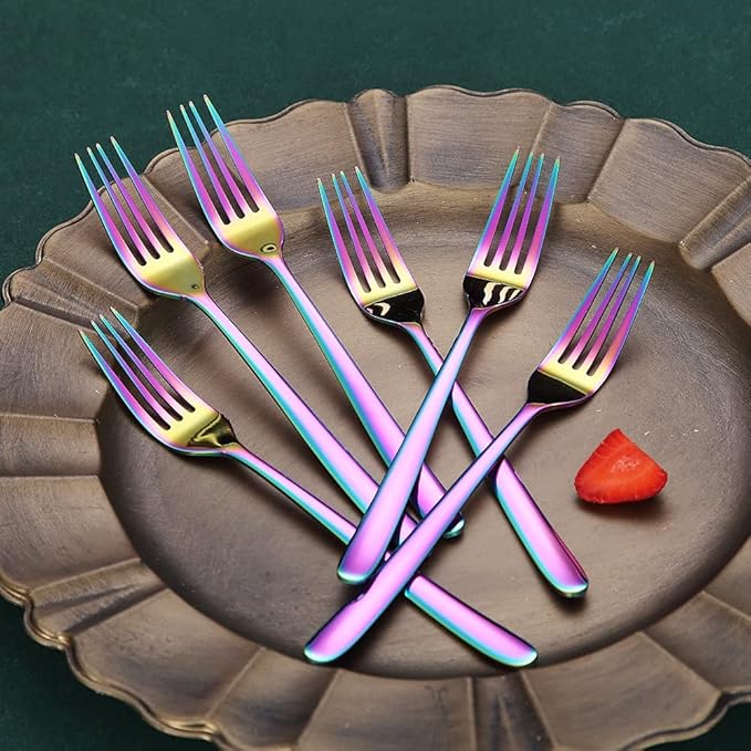 Rainbow Stainless Steel 8'' Dinner Forks 6 Piece Silverware Set, Table & Salad Forks for Home, Kitchen or Restaurant, Dishwasher Safe