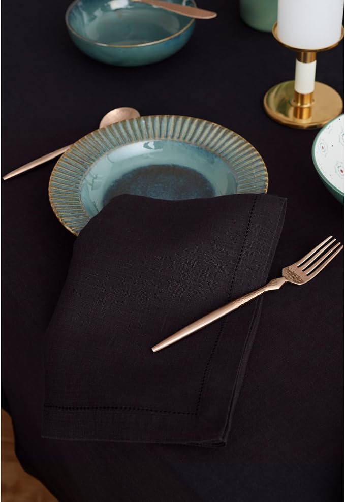 Solino Home Black Linen Tablecloth 70 x 70 Inch - 100% Pure Linen Table Cloth - Sonoma, Machine Washable Tablecloth for Winter, New Year
