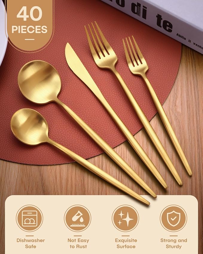 Gold Silverware Set,Ollex 40 Pieces Flatware Set For 8,Matte Utensil set with Stainless Knives Gold Forks and Spoons Tableware Cutlery Set with Satin Finish Dishwasher Safe