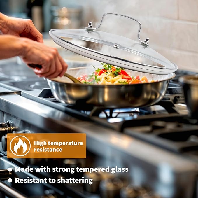 9" Tempered Glass Pan Lid with Steam Vent, Thickened to 4mm and Dishwasher Safe and Oven up to 480℉, Universal Lid Fit for Cast Iron Skillets, Frying Saute Pan, Cooking Pot