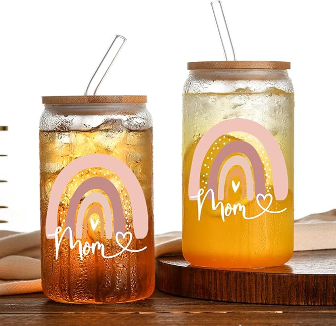 Mom Glass Cups with Lids and Straws, 16 Oz Glasses Set, Perfect for Mothers Day, Birthday, Christmas Gifts for Mom