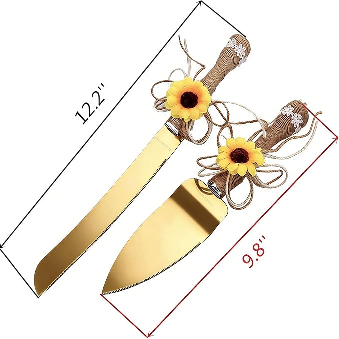TANG SONG Rustic Wedding Cake Knife and Serving Set with Sunflower Burlap Lace Wedding Cake Knife (Gold-Set of 2)