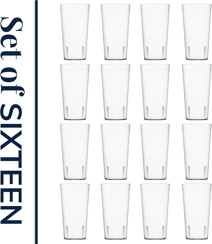 US Acrylic Cafe Plastic Reusable Tumblers (Set of 16) 20-ounce Water Cups in Clear | Value Set of Restaurant Style Drinking Glasses, Stackable, BPA-free, Made in the USA | Top-rack Dishwasher Safe