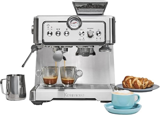 Kenmore Espresso Machine – Automatic Coffee Maker with Manual Tamper, Auto Cleaning, Milk Steamer & Frother, Bean Grinder, Brew Professional Barista Style Cappuccino, Café Latte