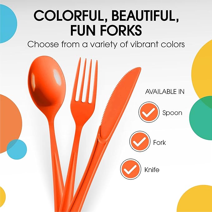 Party Solids Orange Plastic Forks 200 Pieces Orange Forks Disposable Utensils Heavy Duty Plastic Cutlery Set Disposable Cutlery Sets Flatware Sets Silverware Set Party Supplies & Party Tableware