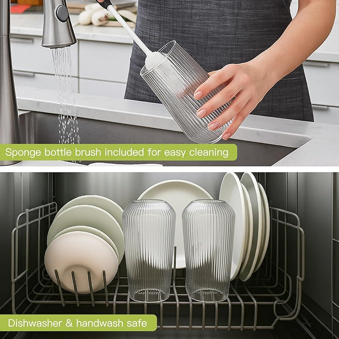 Ruckae Borosilicate Glass Cups with Lids and Straws,16oz Reusable Iced Coffee Cup with Lid Glass Cups 4 Pack for Coffee Bar Accessories,Smoothie,Juice,Durable Clear Tumbler Cups for Home,Office,Travel