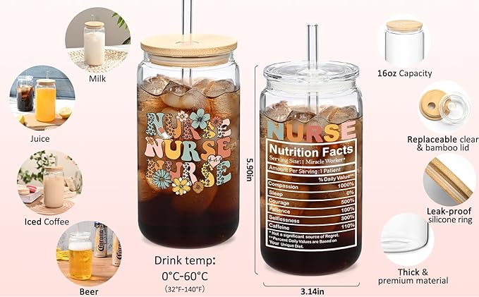 LiqCool Nurse Gifts: 16 Oz Glass Cup, Perfect for Nurse Week, Graduation, Retirement