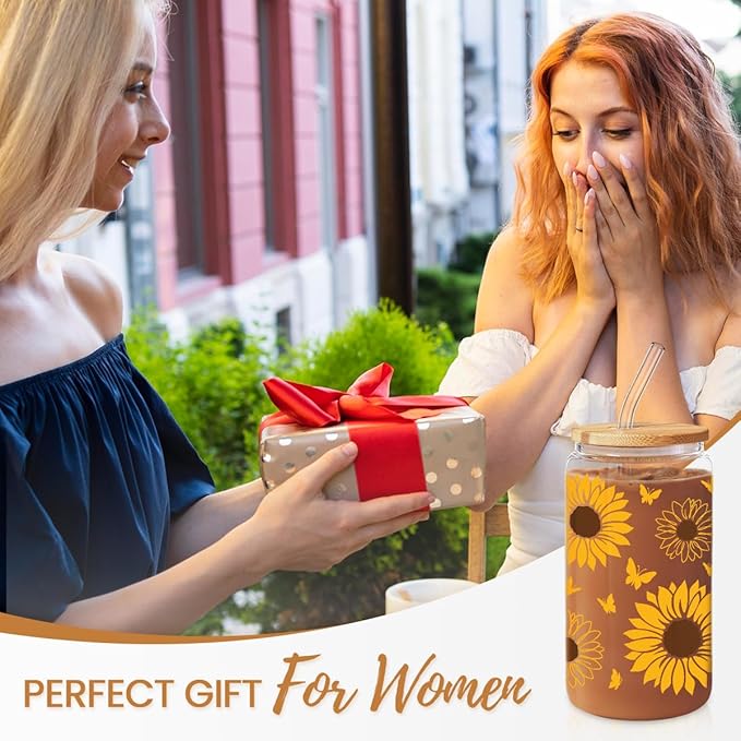 SANDJEST Sunflower Gifts for Women - Sunflower Cup 16 Oz Can Glass Coffee Cups with Bamboo Lid and Straw - Gift for Birthday