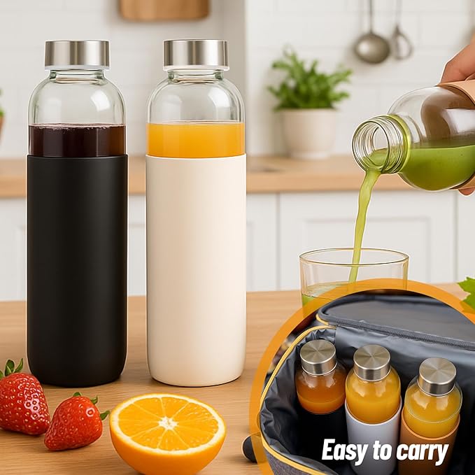 32 oz Glass Water Bottles with Lids and Silicone Sleeve, Reusable Juice Bottles with Stainless Steel Leak Proof Cap, Beverage Storage Containers for Juicing & Water, BPA Free Set of 3