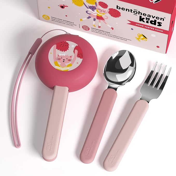 Bentoheaven Kids Travel Utensils with Case, Food-Grade Stainless Steel & BPA-Free Plastic, Travel Kid Cutlery Set, Dishwasher Safe Fork, Spoon & Case, Reusable Flatware, Silverware for Kids (Cats)