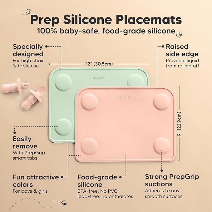 KeaBabies 2-Pack Silicone Placemats for Toddlers - 12x9 Non Slip Suction Baby Silicone Placemat for Kids Eating, Easy to Clean, Busy Travel Baby Mat for Dining Table, Food Grade/BPA-Free (Mellow)