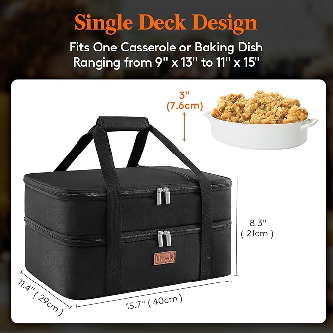 Lifewit Double Decker Insulated Casserole Carrier for Hot or Cold Food, Casserole Dish Carrying Case, Lasagna Holder for Potluck Parties/Picnic/Cookouts, Fits 9"x13" Baking Dish, Black