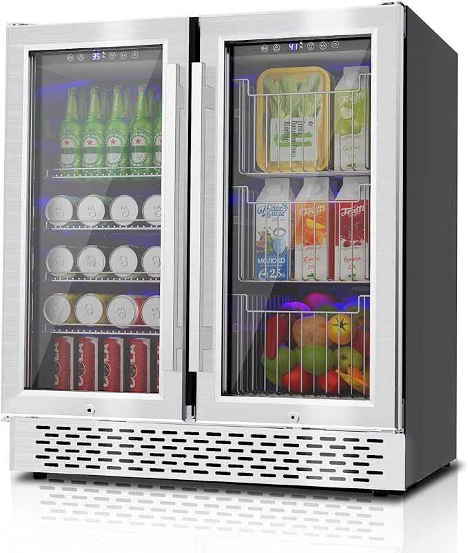 Dual Zone Beverage Refrigerator, 30'' Beverage Fridge with Detachable Basket, Intelligent Control Beverage Cooler with Glass Door Built-in or Freestanding with Blue LED Light, Hold 130 Can 60 Bottle