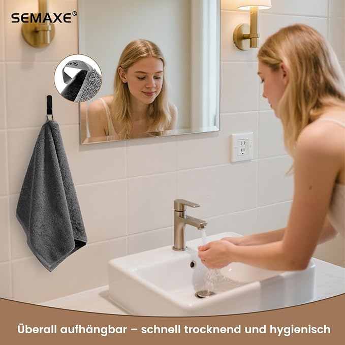 SEMAXE 12 Pack Hand Towels for Bathroom, 100% Cotton Towels with Hanging Loops, Soft and Highly Absorbent,Hand Towel Set for Gym, Shower, Hotel, Spa and Kitchen, Grey+Yellow