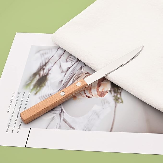 Silver Flatware Set with Natural Wood Handle, 24 PCS Silverware Set for 6, Premium 18/8 (304) Stainless Steel Cutlery Set, Forks Spoons and Knives Set for Home/Camping/Travel, Mirror Finish