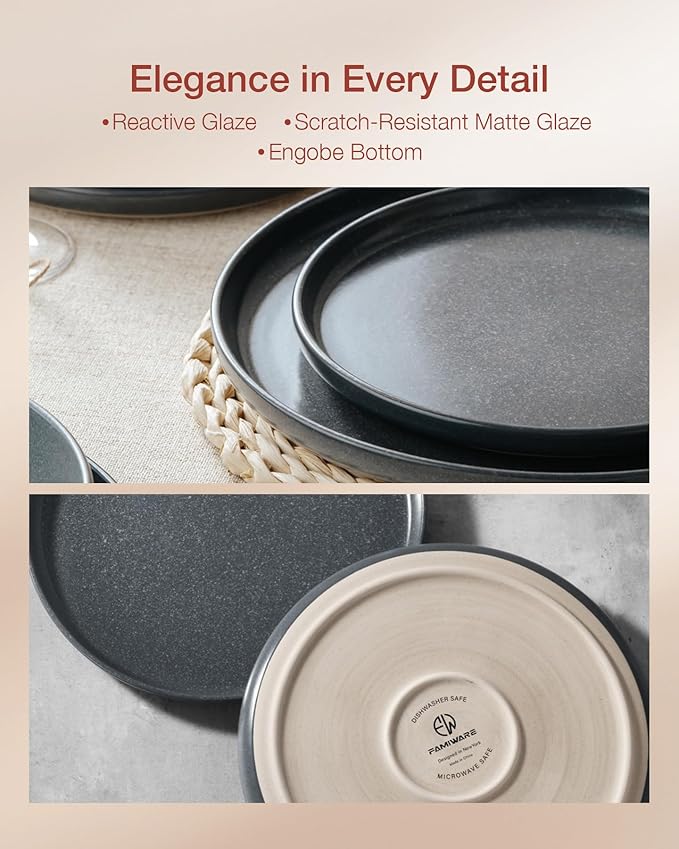 Famiware Milkyway Plates and Bowls Sets, 24 Pieces Dinnerware Sets, Reactive Glaze Dish Set, Stoneware Dishes Set for 8, Matte Dark Charcoal