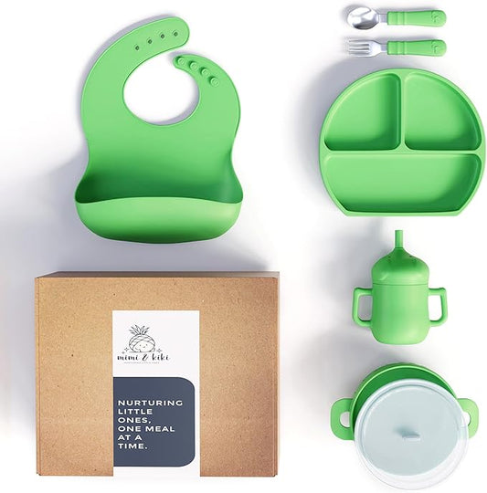 mimi & kiki BPA-Free Silicone Baby Feeding Set, Baby Plates and Bowls Set, Baby Led Weaning Supplies, Silicone Suction Plate, Baby Utensils, Bib and Cup, Self Feeding, Dishwasher Safe (Green)