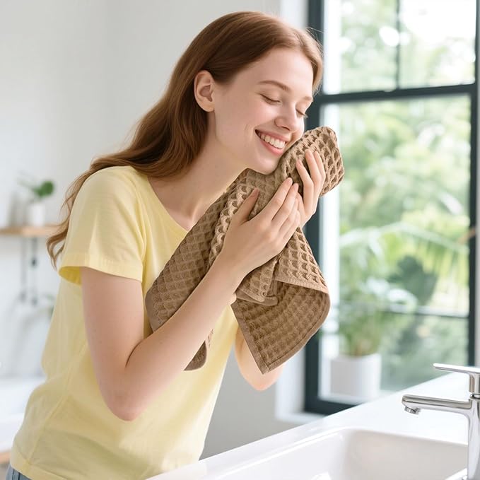 Jacquotha Waffle Bathroom Hand Towels 2-Piece (Tan) – Cotton, Soft, Lightweight, Lint Free, 13” x 29”