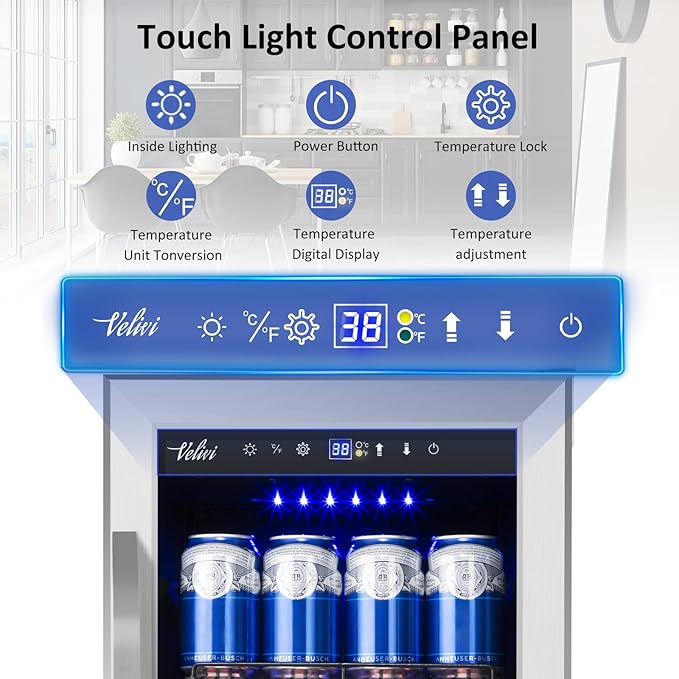 15 Inch Beverage Refrigerator and Cooler - 125Cans Capacity Mini Beer Drink Fridge with Glass Door and Lock Under Counter Built-in or Freestanding - for Soda, Beer, Wine - for Home Bar Kitchen