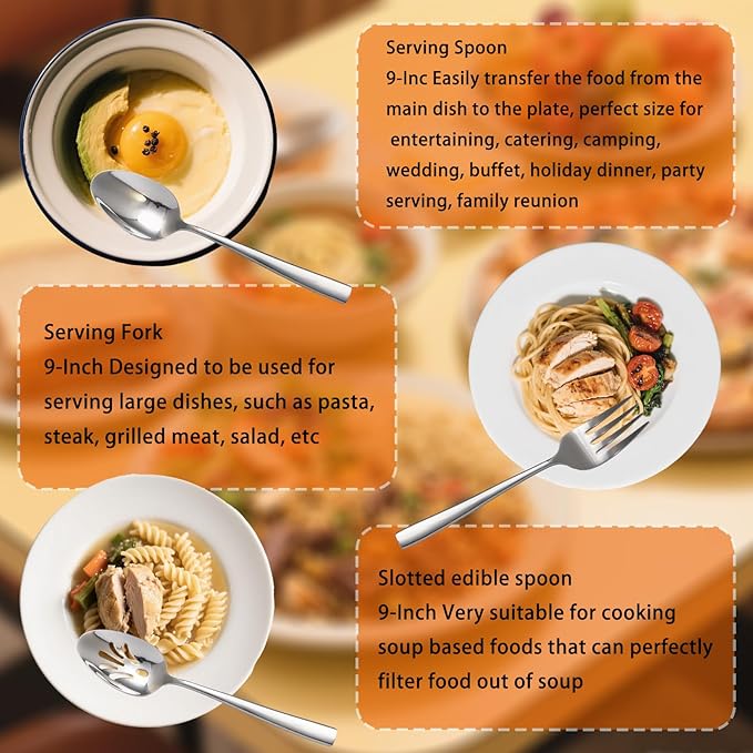 6 Piece Serving Utensils Set, Includes Serving Spoons x 2, Slotted Spoons x 2, Serving Forks x 2, Large Cutlery for Catering Buffet, Mirror Polished, Dishwasher Safe, 9 Inches