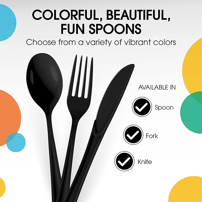 Party Solids Black Plastic Spoons 200 Pieces Black Spoons Disposable Utensils Heavy Duty Plastic Cutlery Set Disposable Cutlery Sets Flatware Sets Silverware Set Party Supplies & Party Tableware