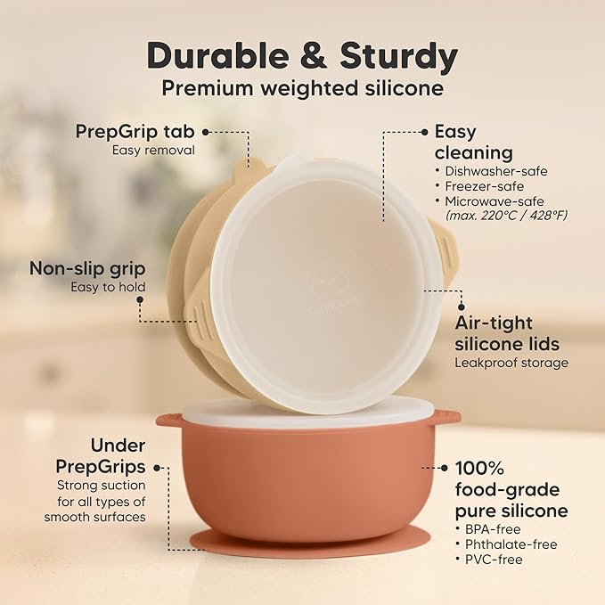 KeaBabies 2-Pack Baby Bowls with Suctions, Lids - Silicone Toddler Suction Bowls for Baby Boy, Girl, Kids, Food Grade Silicone, BPA-Free, Dishwasher Safe, Toddler Eating Essentials (Terracotta)