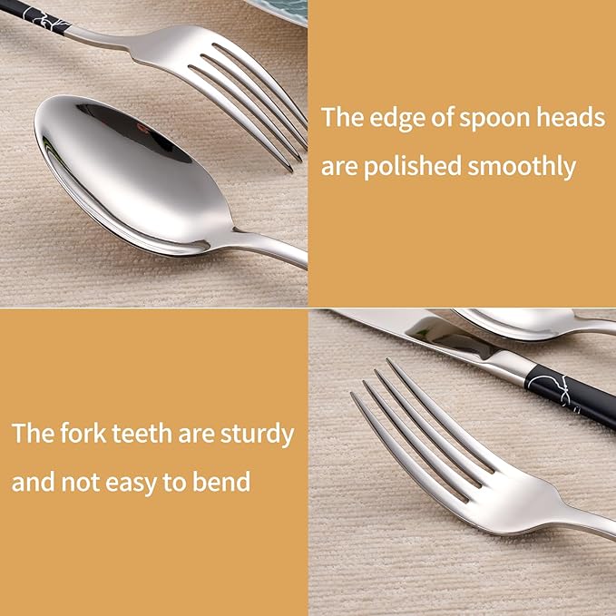 20-Piece Black crack Silverware Set 18/0 Stainless Steel Silverware Set Black crack Handle Cutlery Set Service for 4 Dinner Knives Forks Spoons Set Flatware Set Finish Dishwasher Safe