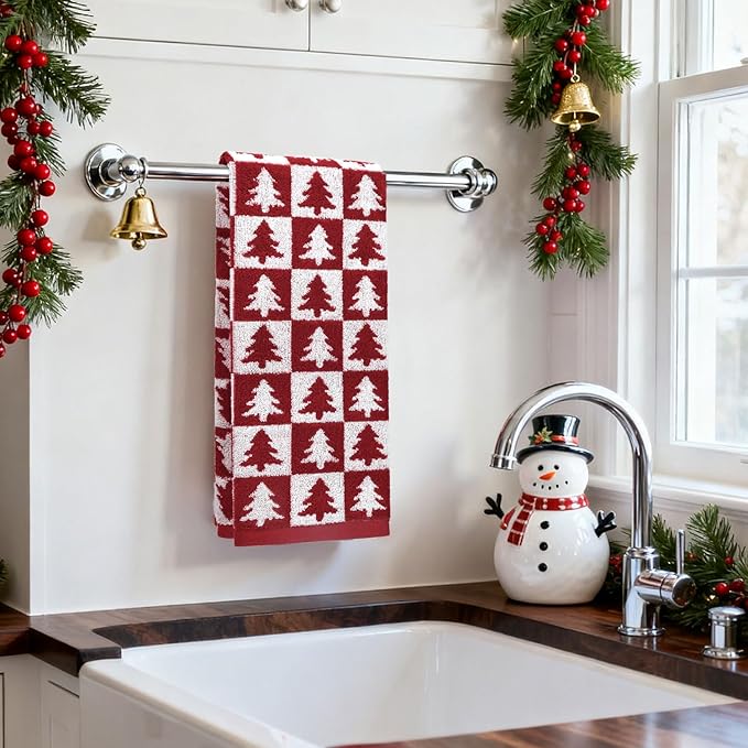 Jacquotha Christmas Hand Towels for Bathroom - 4-Piece Red Checkered & Tree Kitchen Towels, Festive Decor and Everyday Use, Cotton, 13” x 29”