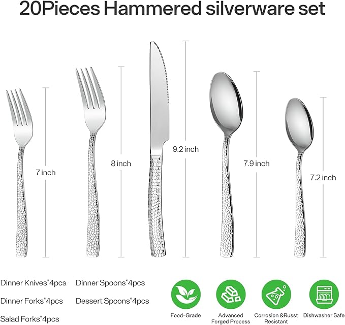 Hammered silverware set, modern flatware set for 4 Heavy duty cutlery set 20piece Stainless Steel fork spoon knife set everyday kitchen, Mirror Finish Dishwasher Safe