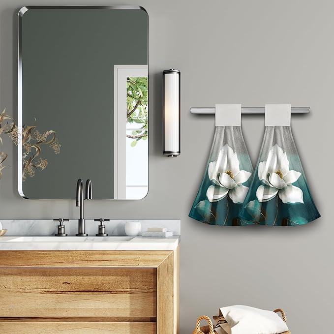 Giwawa White Floral Hanging Kitchen Towels 2 Pieces Turquoise Leaf Tie Towels Hand Towel Soft Absorbent WashCloth for Bathroom Tabletop Laundry