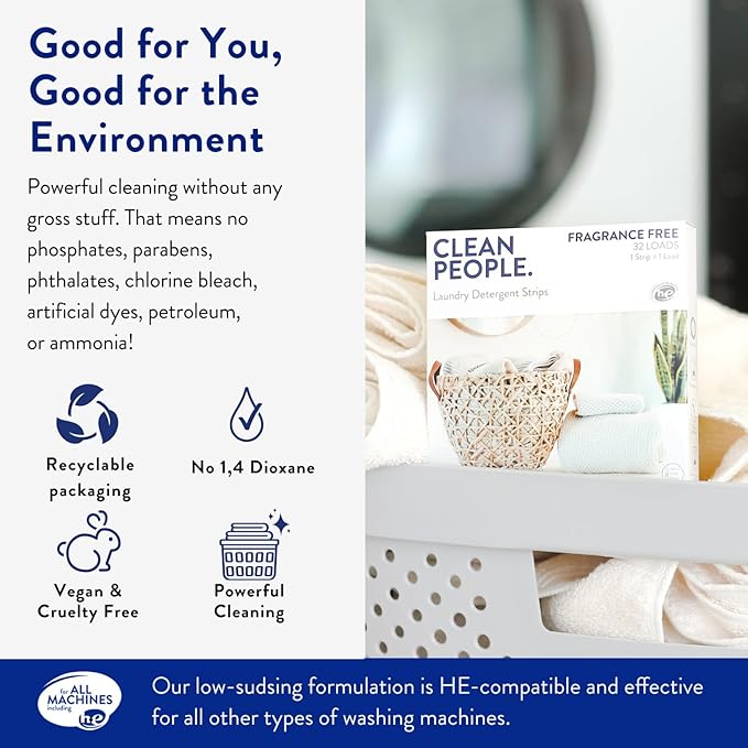 The Clean People Fragrance Free Laundry Detergent Sheets - Laundry Soap - Ultra Concentrated, Recyclable Packaging, Stain Fighting - Fragrance Free, 192 Pack