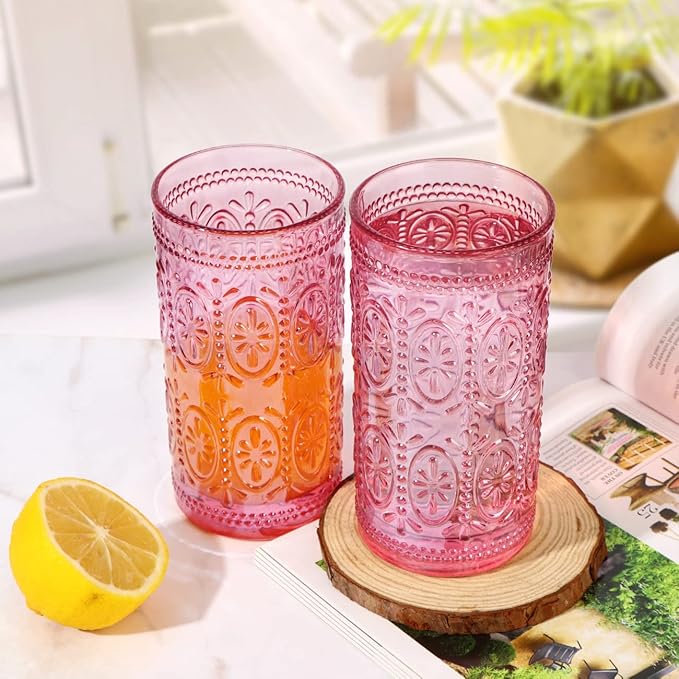 Drinking Highball Beverage Glass Cup, Vintage Drinking Glasses, Colored Glassware Set for Party Wedding Home Office Gift, Set of 4 ,Pink