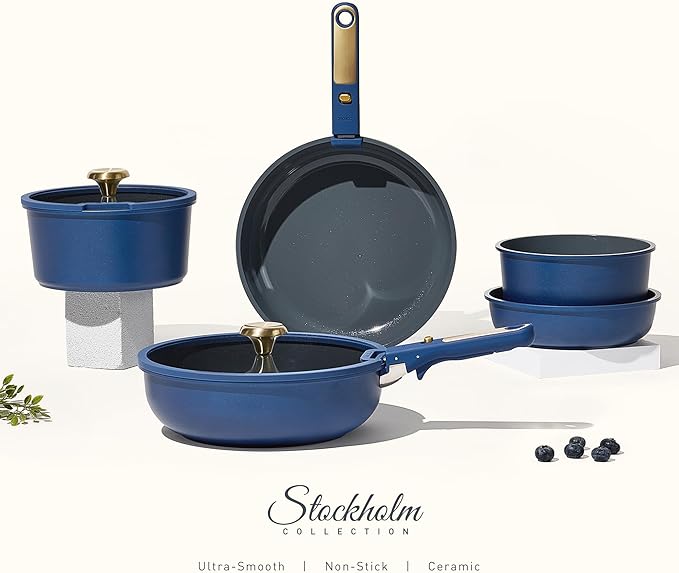 CAROTE Blue&Gold Ceramic Cookware Set Non Toxic, PFAS Free,15Pcs Pots and Pans Set Non Stick Detachable/Removable Handle,Kitchen Cooking Set Dishwasher Safe, Nonstick Pot and Pan, Induction Cookware