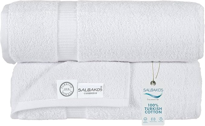 SALBAKOS 100% Turkish Cotton Extra Large Bath Sheet Set of 2 35x70 inch | Heirloom Quality | Hotel & Spa Collection | Soft, Absorbent Oversize Bath Towels | Made in Turkey (White, 2 Bath Sheets)
