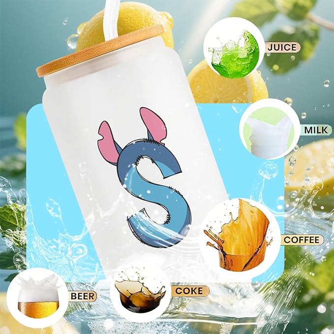 Cute Cartoon Lover Gifts Initial A-Z Personalized Iced Coffee Cup Cartoon Merch 16oz Glass Cup with Lid and Straws Birthday Christmas Gifts for Women Teen Girls Fans (Letter S)