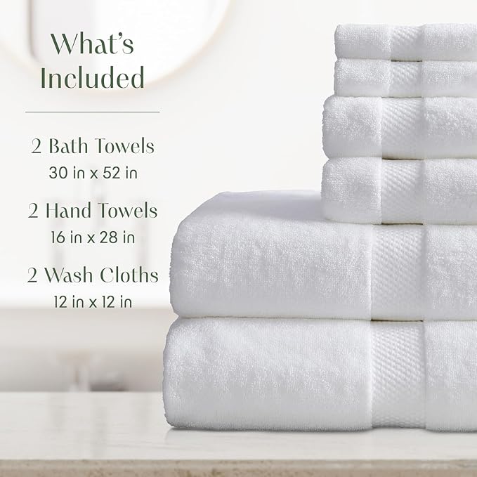 Springtree Home White Bath Towels Set of 6 | Classic Hotel Bath Towels | 100% Combed Cotton | Absorbent Quick-Dry Towels for Bathroom | Oeko-TEX® Standard 100 Cotton | Cynewski Collection - White