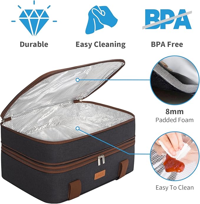 LHZK Double Decker Insulated Casserole Carrier for Hot or Cold Food, Expandable Hot Food Carrier, Lasagna Holder Tote for Potluck Parties, Picnic, Beach, Fits 11 x 15 or 9 x 13 Baking Dish (Black)