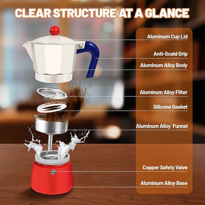 3 Cup Aluminum Espresso Stovetop Moka Pot Express Coffee Maker Percolator Italian Classic Mocha Coffee Machine for Italian and Cuban Cafe Brewing for Home & Camping 150ml 5oz