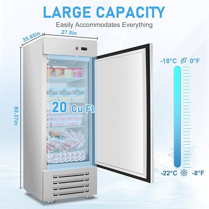 Commercial Freezer, 27"W Upright Freezer Stainless Steel, 20 Cu Ft Commercial Standup Freezer with 4 Adjustable Shelves, Self-Closing Reach-in Cooling Single Solid Door Freezer for Kitchen, Restaurant