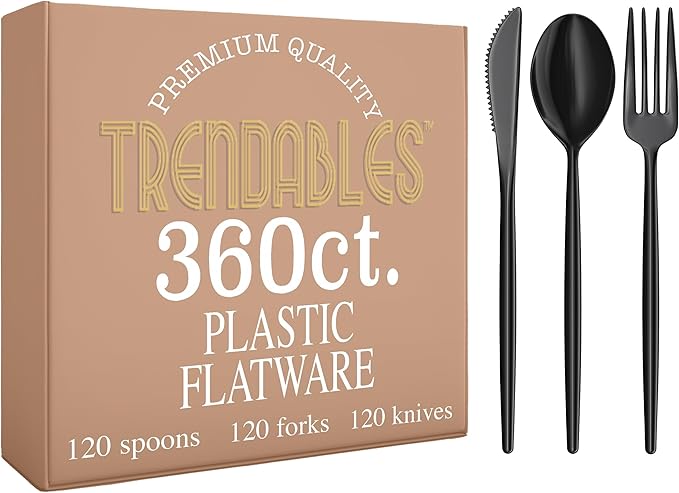 Trendables Black Plastic Silverware Set Black Silverware Disposable Forks and Spoons Disposable 360 Pack Plastic Utensils Set Includes 3 x 120 each Knives & Spoons & Forks For Parties and Events