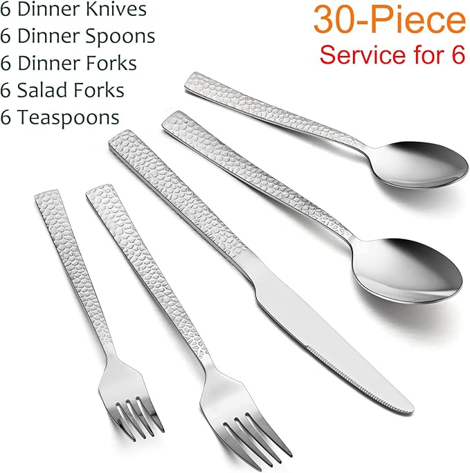 E-far Hammered Silverware Set, 30-Piece Stainless Steel Square Flatware Set for 6, Metal Tableware Cutlery Set Includes Dinner Knives/Forks/Spoons, Modern Design & Mirror Polished - Dishwasher Safe